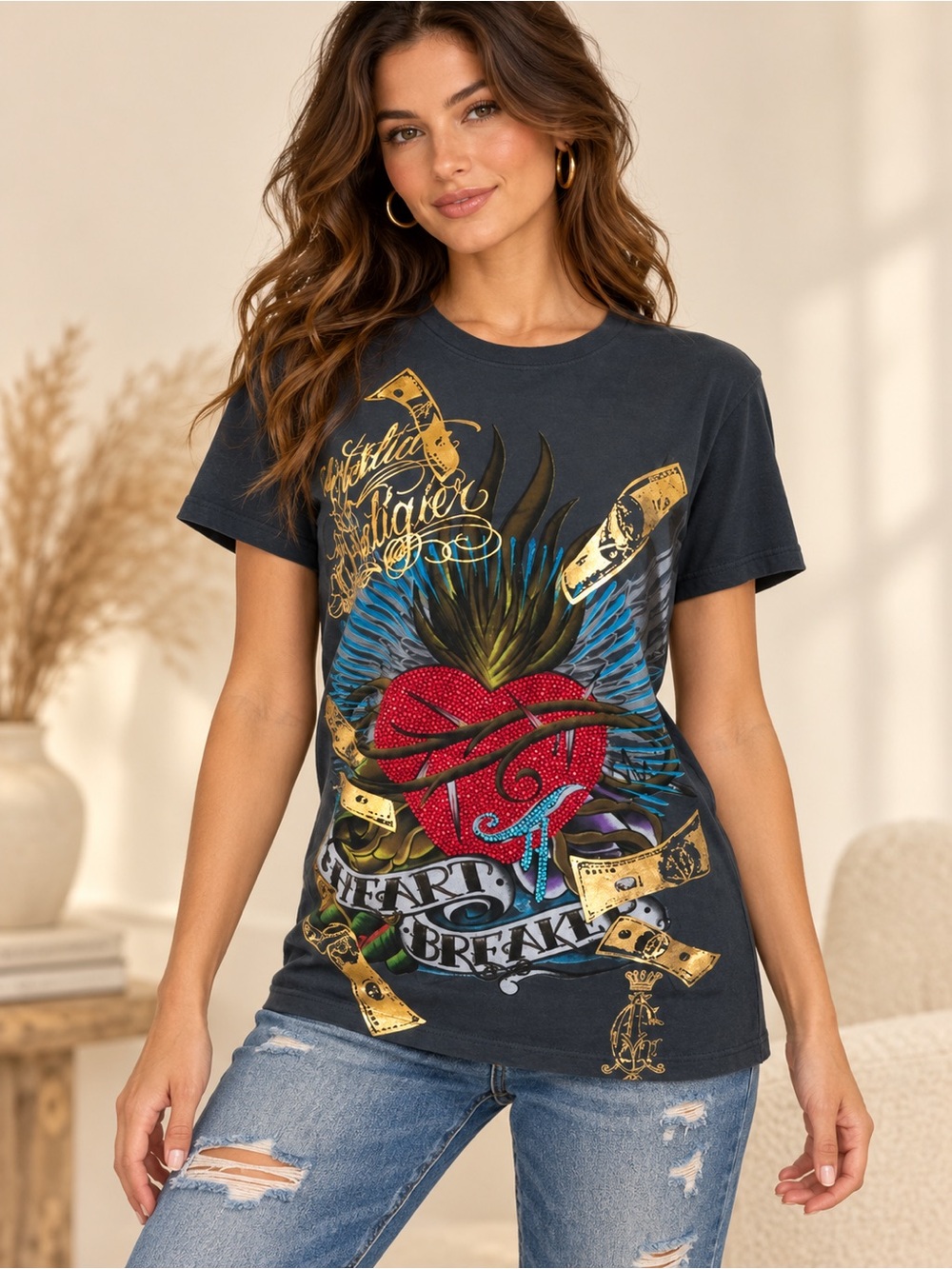 Ed Hardy Black Graphic Heart Tee with Red Rhinestone Bling HEART BREAKER